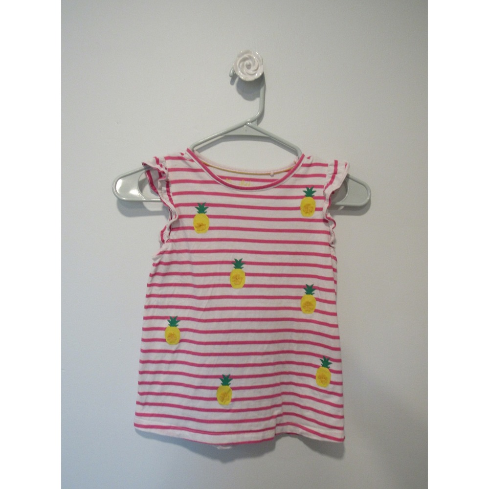 Mini Boden Girls Pink White Striped Pineapple Ruffle Sleeveless Top Size 7-8Y